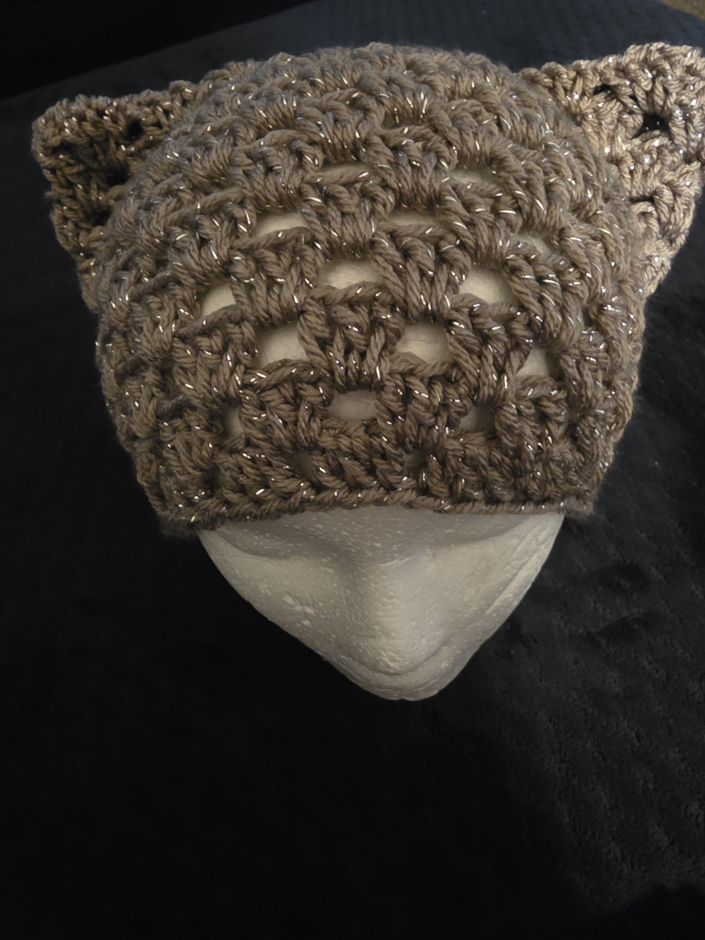 Sparkle ✨️ Handmade Metallic Cat Ear Beanie - Taupe
